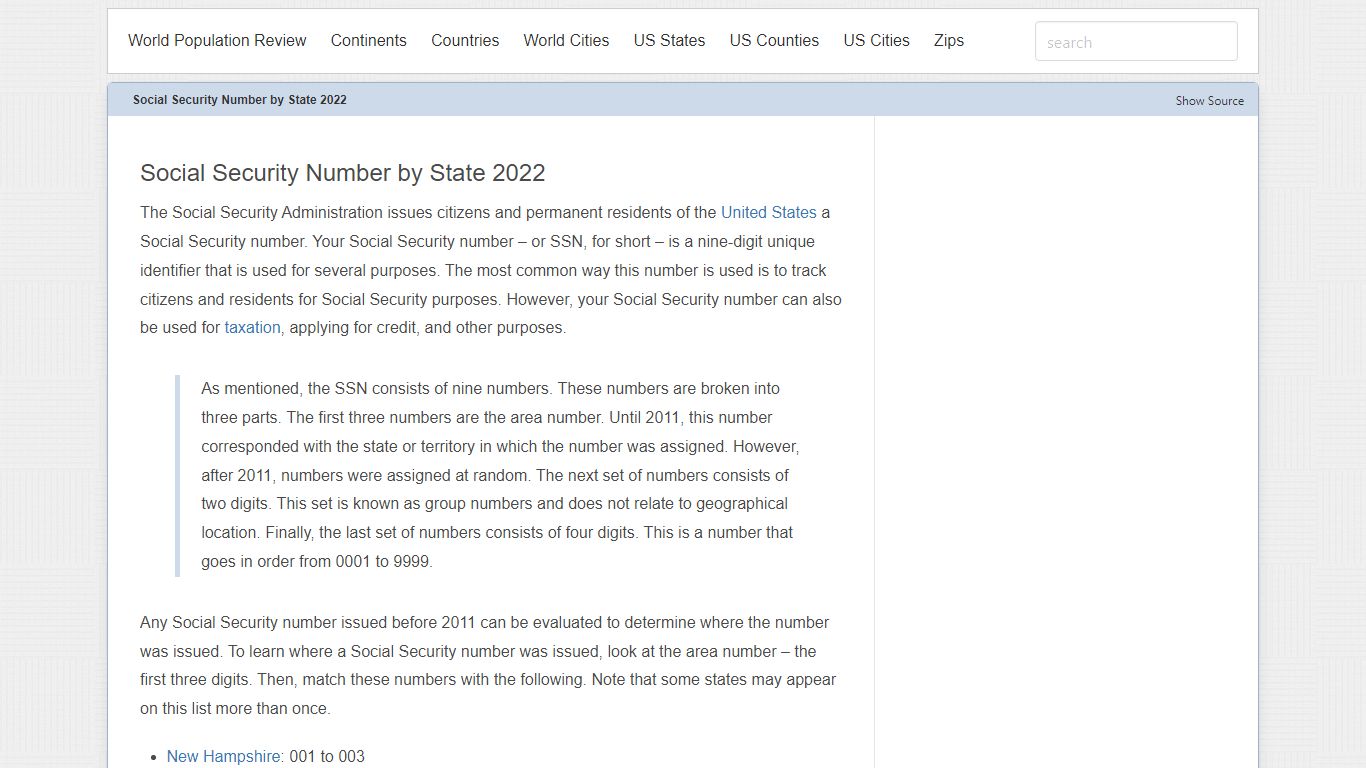 Social Security Number by State 2022 - worldpopulationreview.com